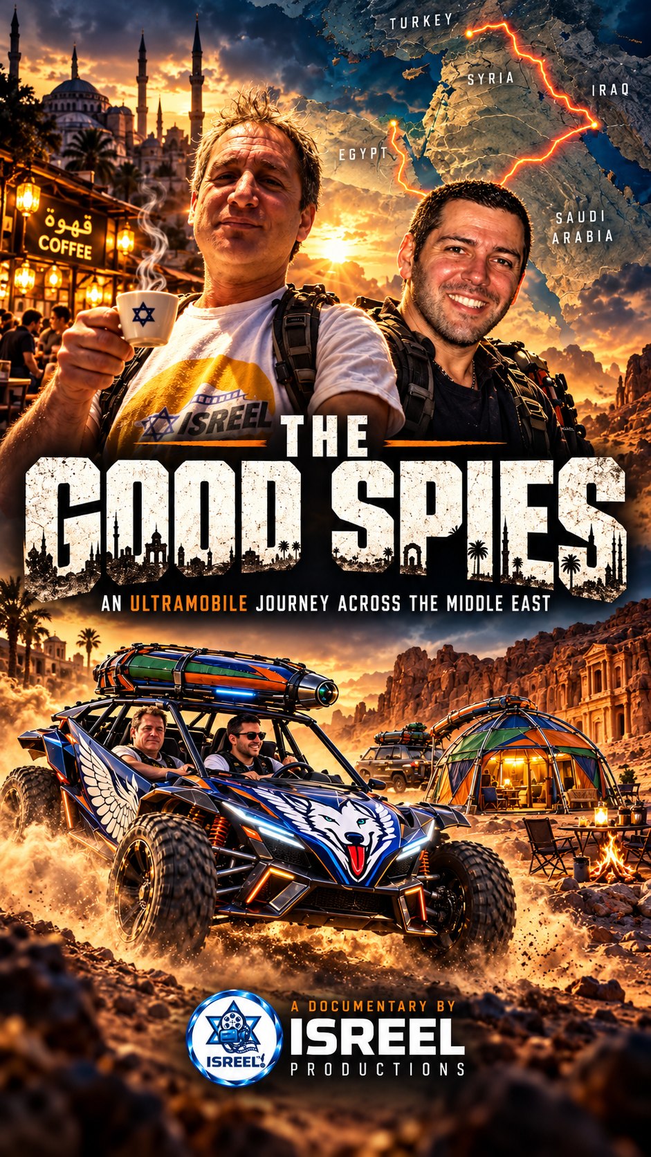 The Good Spies documentary concept poster featuring Barry and Jesse, cafés and electric buggies