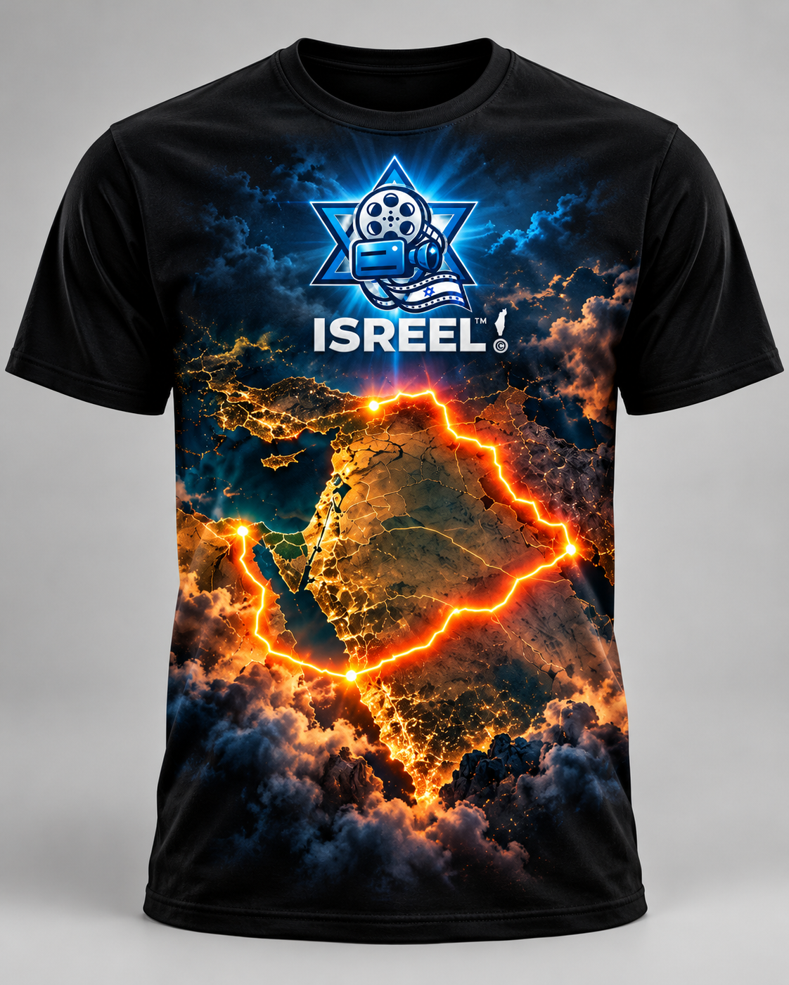 ISREEL graphic T-shirt with electric blue logo and glowing map artwork